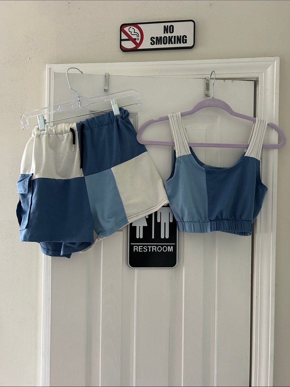SHEIN Blue and White Colorblock Athletic Tank and Shorts Set